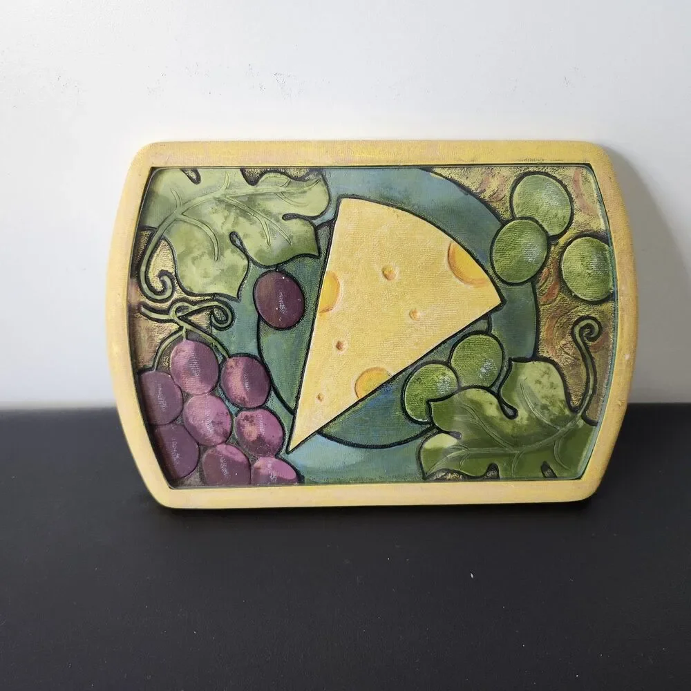 Vintage Joie De Vivre Resin Cheese Board Serving Tray Glass Top Grapes Trivet